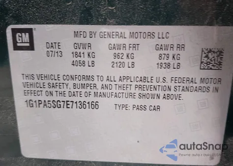 2014 Chevrolet Cruze Ls Auto из США, поврежденный, VIN 1G1PA5SG7E7136166